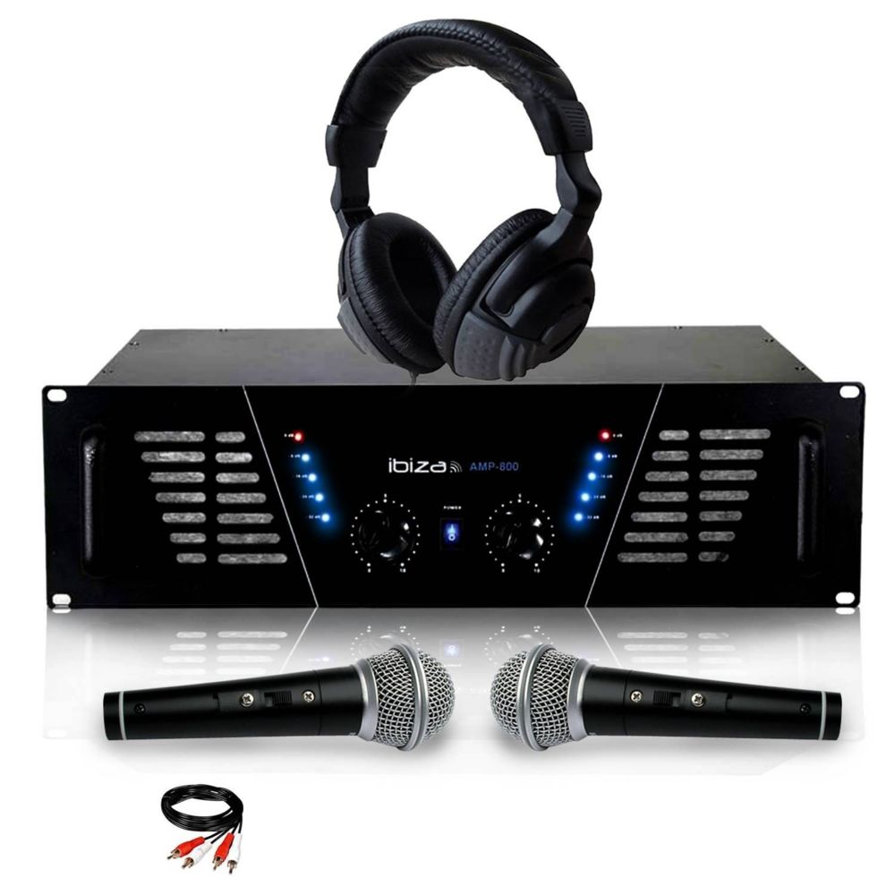 Ibiza Sound - Amplificateur sono Dj 2 x 600W Max IBIZA SOUND AMP-800 + Casque Audio + 2 MICROS et Câble RCA de liaison - Ampli