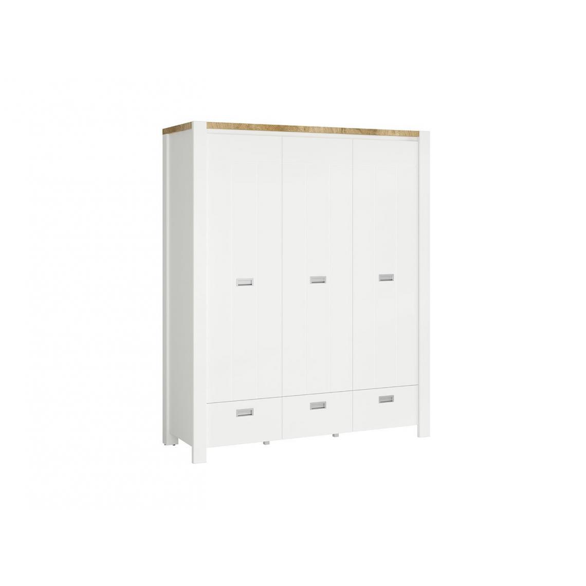 Hucoco - KELTA - Armoire 3 portes style scandinave salon/chambre à coucher - 195.5x160x57.5 - 3 tiroirs - Dressing - Blanc - Armoire