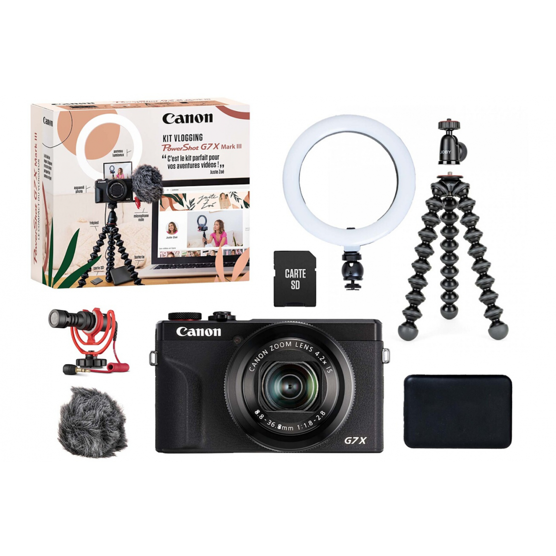 Canon - Appareil Photo Compact Vlogging G7X Mark III + Halo LED + Microphone + Trépied - Appareil compact