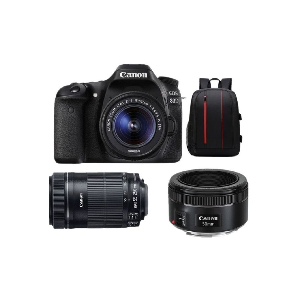 Canon - CANON EOS 80D KIT EF-S 18-55mm F3.5-5.6 IS STM + EF-S 55-250mm F4-5.6 IS STM (White Box) + EF 50mm F1.8 STM + Backpack Black - Reflex Grand Public