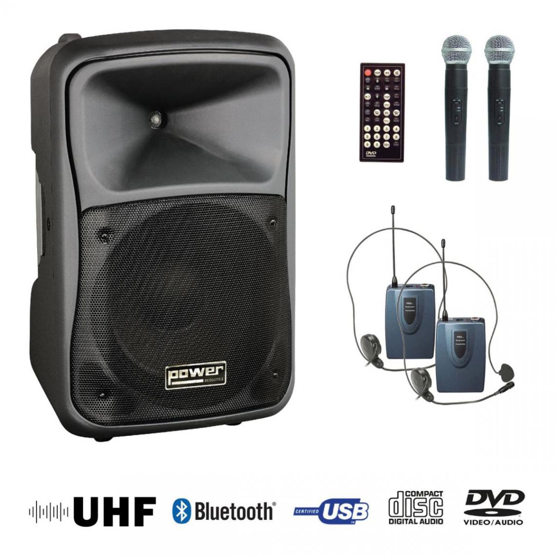 Power Acoustics - BE 9515 UHF PT ABS - Sono portable CD MP3+USB+DIVX+2 micros mains UHF+body pack - Sonorisation portable