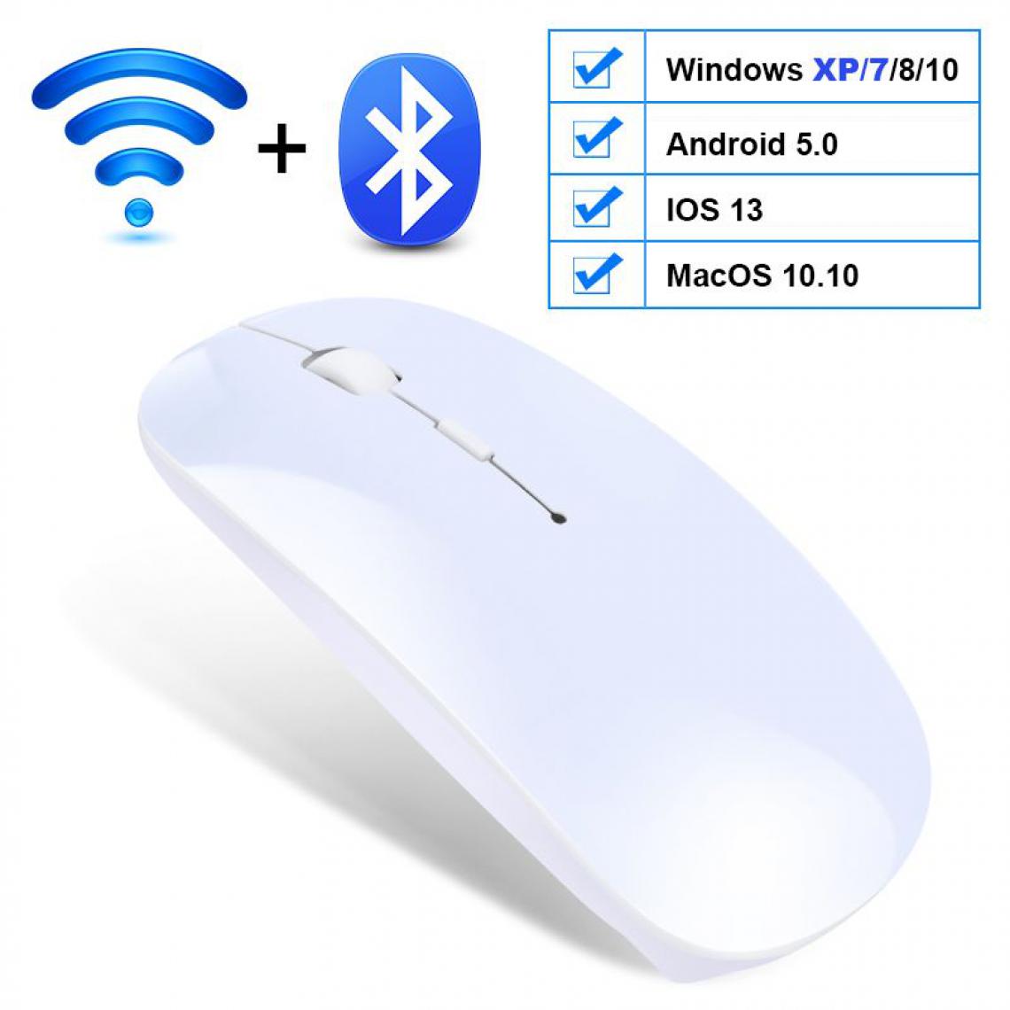 Generic - Souris sans fil, USB Bluetooth 2.4Ghz, silencieux, ergonomique et  rechargeable , compatible Windows / Android / IOS 13 /  Mac OS  , 11.2 * 5.7 * 2 cm -  Blanc  - Souris