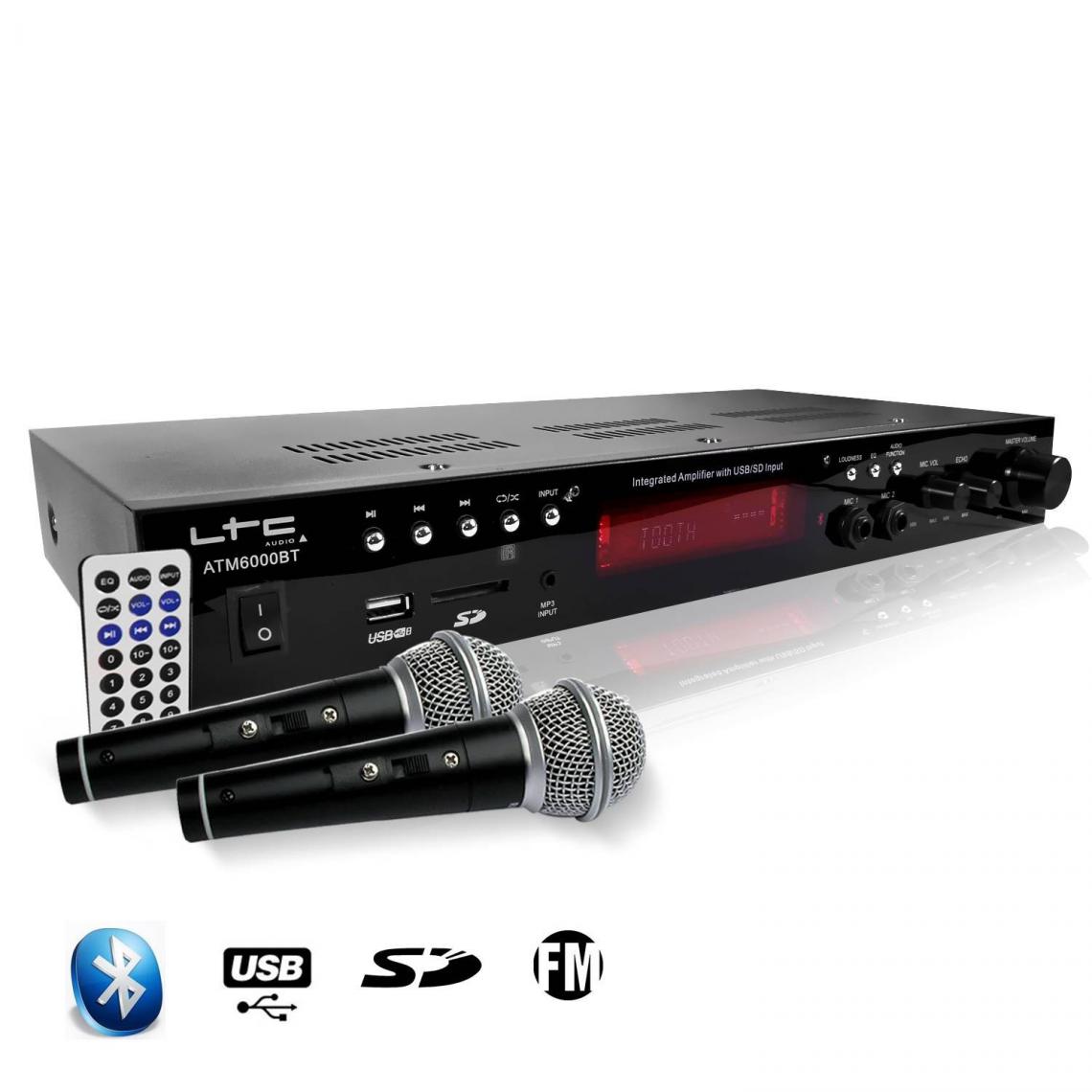 Ltc Audio - Amplificateur HIFI stéréo KARAOKE 2x50W - BLUETOOTH/USB/SD/FM + 2 Microphones noir/silver - Ampli