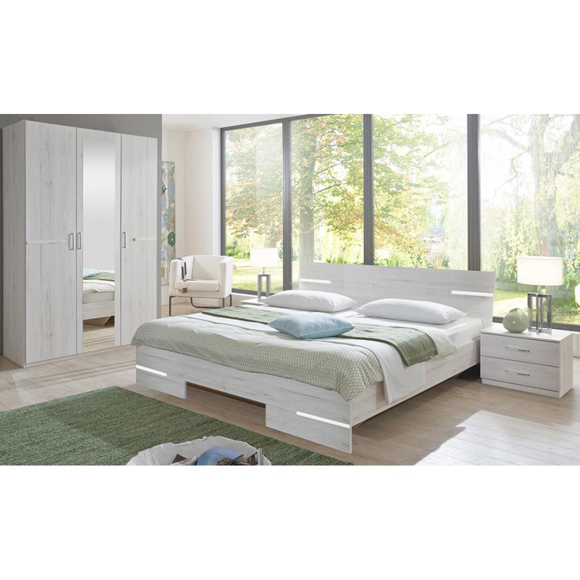 Pegane - Chambre à coucher complète adulte (lit 140x190 cm + 2 chevets + armoire) coloris imitation chêne blanc/chrome brillant - Chambre complète