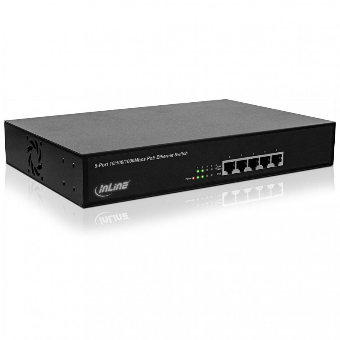 Inline - Commutateur de réseau Gigabit InLine® PoE + 5 ports (4x PoE +), 1 Go / s, 11 "(supports de 19" inclus), Métal, sans ventilateur - Switch