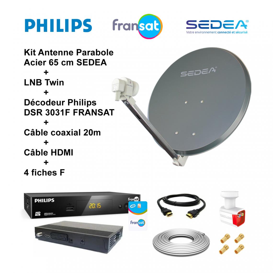 Sedea - Kit Antenne Parabole Acier 65 cm 36,5 dB Anthracite SEDEA + LNB Twin 0,1 dB Full HD 4K Ultra HD + Décodeur Philips DSR 3031F FRANSAT + Câble coaxial 20m + Câble HDMI + 4 fiches F - Antennes intérieures