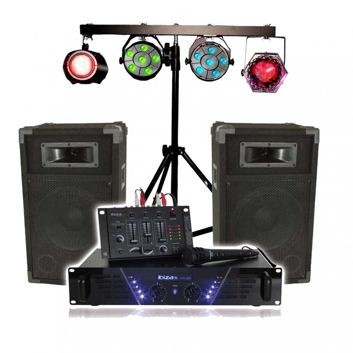 Ibiza Sound - Kit de sonorisation IBIZA DJ-300, complet avec 2 enceintes, amplificateur, table de mixage, Portique Lumières DJ, Câbles - Packs sonorisation