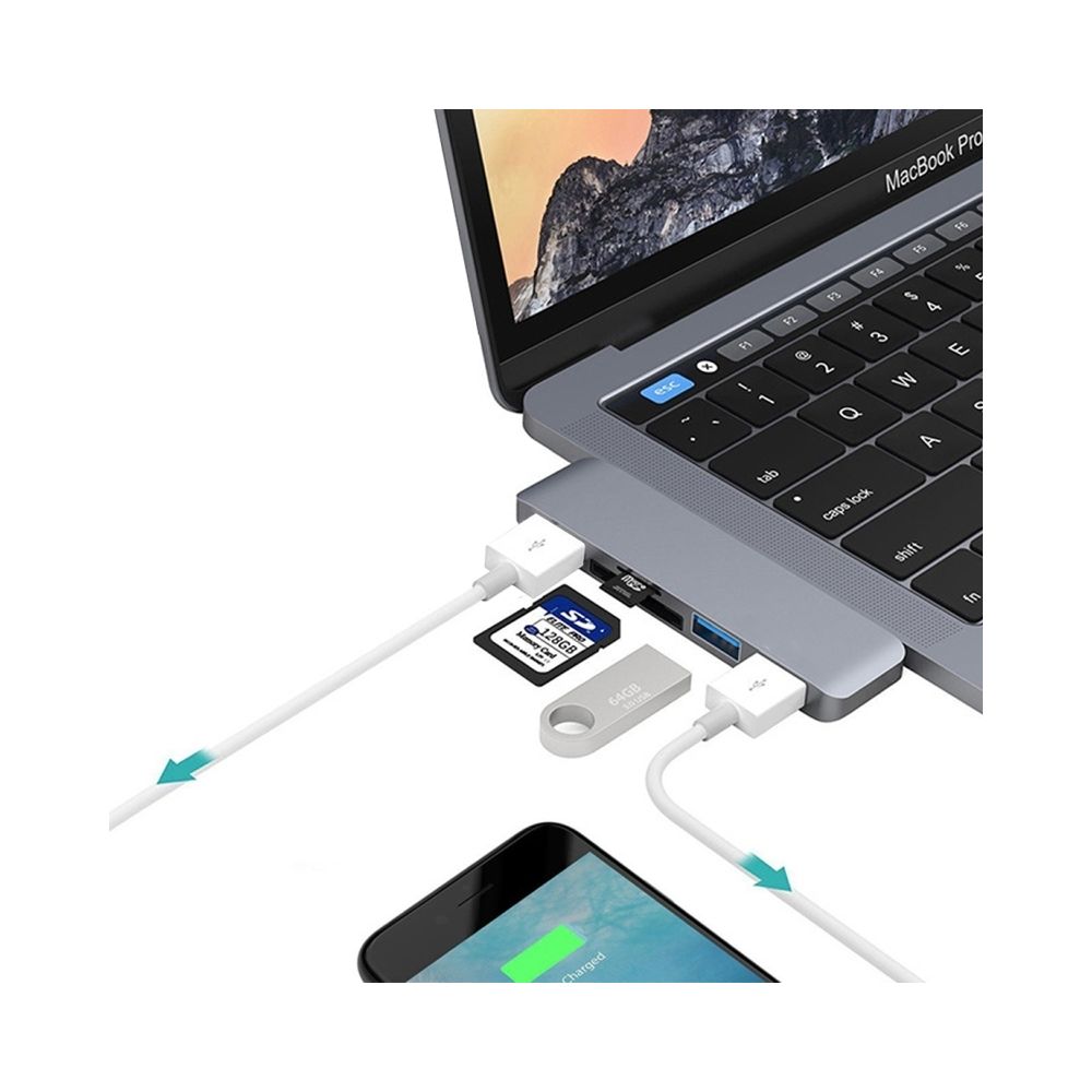 Wewoo - Pour Macbook 2015/2016/2017 Gris carte SD et fente 5 en 1 Multi-fonction en alliage d'aluminium 5Gbps taux de transfert USB-C / Type-C adaptateur HUB avec 3 ports USB 3.0 fente TF - Hub