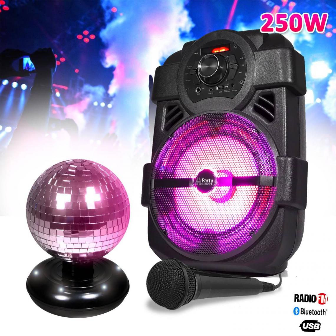 Party Light & Sound - Enceinte karaoke mobile 250W 8" USB/BT/FM + Boule à facettes rotative à LEDs + Micro - Enceinte nomade