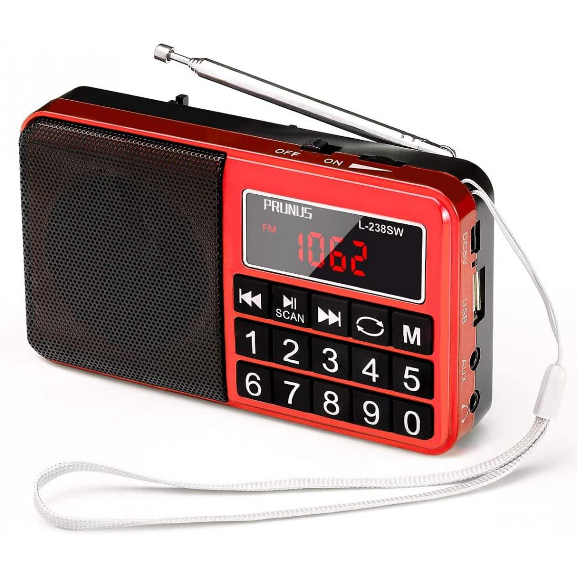 Prunus - radio portable FM AM (MW) SW USB Micro-SD MP3 avec batterie rechargeable 1200 mAh noir rouge - Radio
