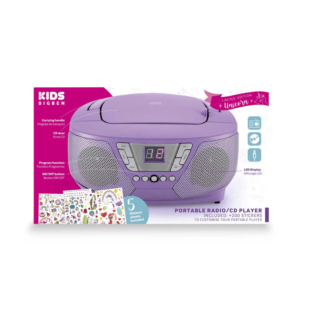 Bigben Interactive - Bigben Interactive - Lecteur radio CD portable violet + stickers Licorne édition limitée - Chaînes Hifi