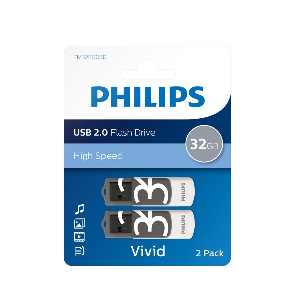 Philips - Pack de 2 clés USB 2.0 Vivid Edition 32 Go - PHMD32GVIVX2 - Gris/Blanc - Clés USB