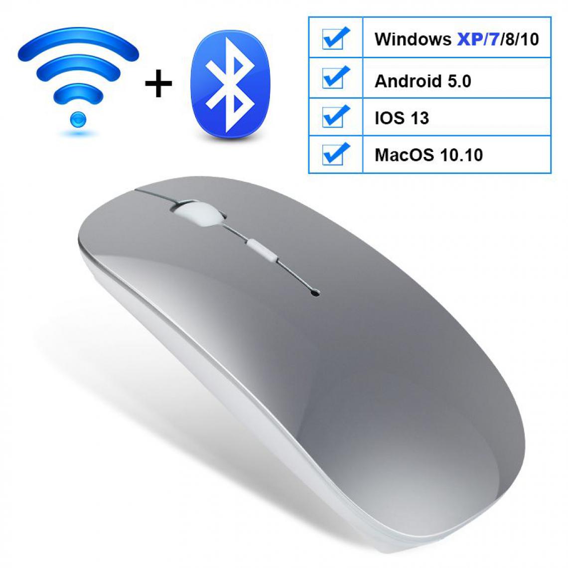 Generic - Souris sans fil, USB Bluetooth 2.4Ghz, silencieux, ergonomique et  rechargeable , compatible Windows / Android / IOS 13 /  Mac OS  , 11.2 * 5.7 * 2 cm - Argent  - Souris