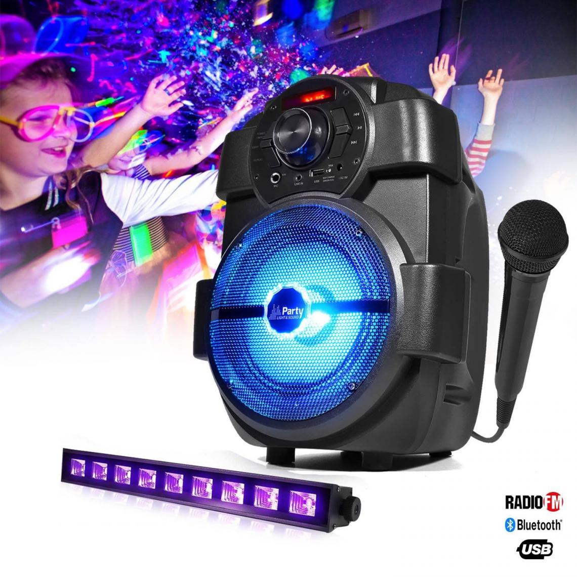 Party Light & Sound - Enceinte karaoke batterie 180W - USB/BLUETOOTH/RADIO + Barre Uv à LED 9x3W + Microphone - Enceinte nomade