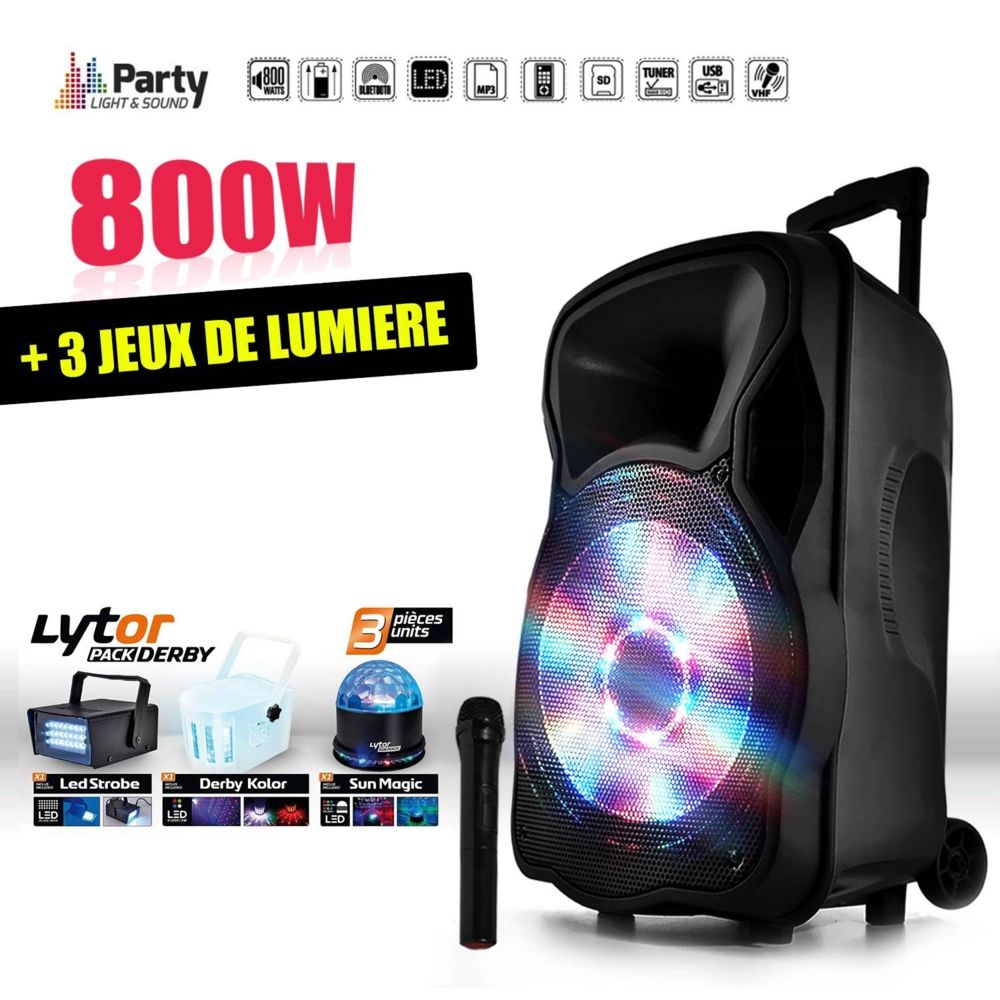 Party Light & Sound - Enceinte mobile amplifiée 800W 15"" LED/USB/BT/SD/FM + Micro + 3 jeux de lumière LytOr - Retours de scène