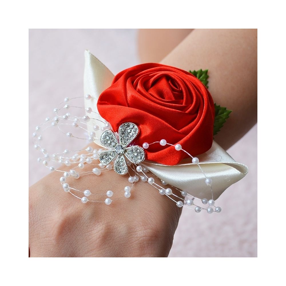 Wewoo - Mariée à la main rose et rouge poignet fleur boutonnière bouquet corsage diamant satin fleurs - Décorations de Noël