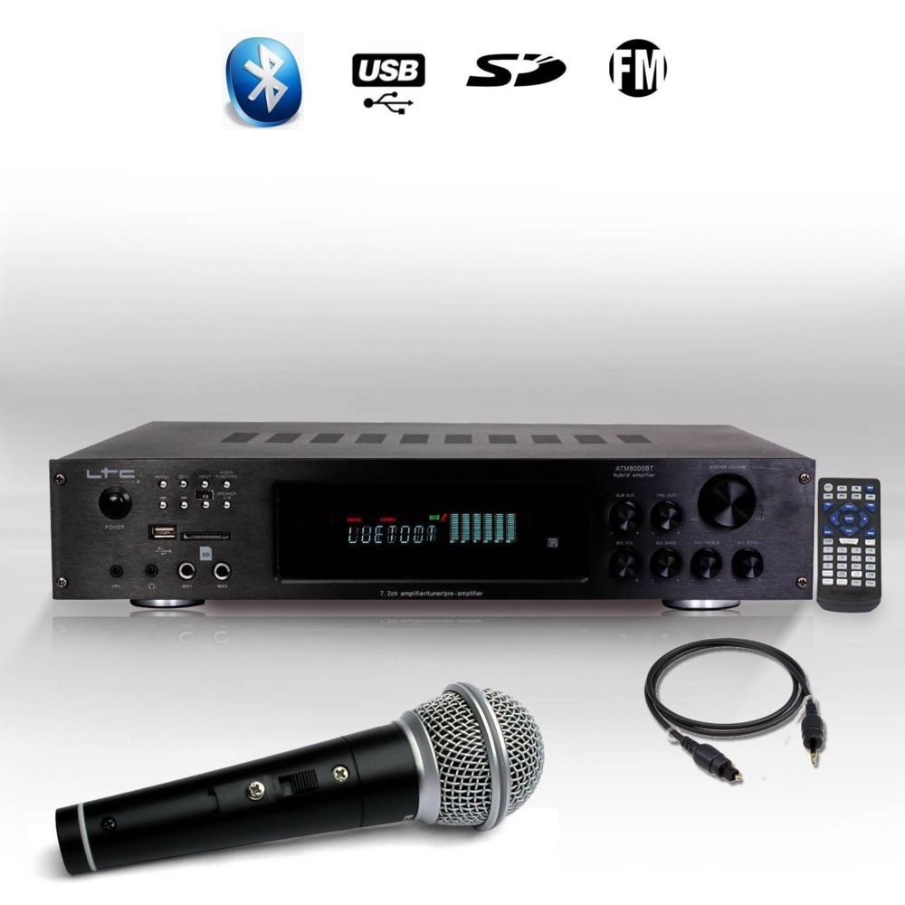 Ltc Audio - AMPLIFICATEUR HIFI & KARAOKE LTC ATM8000BT 5.2 / 4 x75W + 3 x20W Tuner FM Bluetooth USB + Câble Optique + MICRO - Ampli