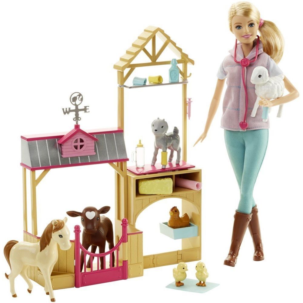 Barbie - Barbie Métiers coffret Vétérinaire à la ferme avec poupée blonde, 7 animaux et 10 accessoires, jouet pour enfant, GCK86 - Poupées