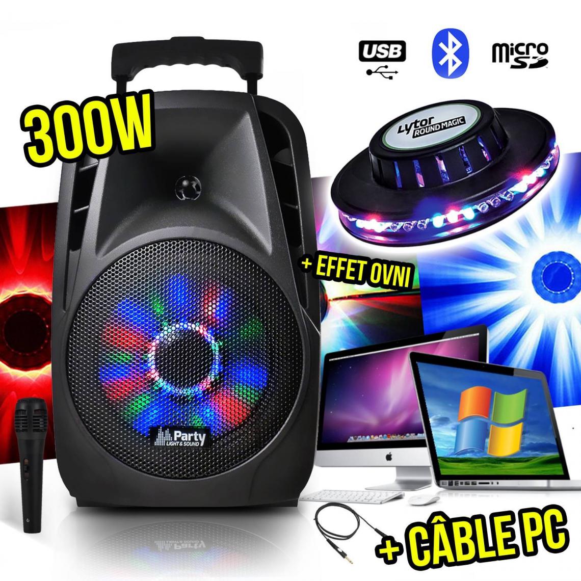 Party Light & Sound - Enceinte mobile karaoké 8" 300W LEDs - FM/USB/SD/BT + Micro + Câble PC + Effet OVNI - Enceinte nomade