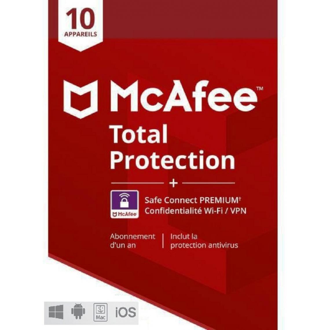 McAfee - Total Protection + Safe Connect 2022 1 an - 10 postes - Version dématérialisée - Antivirus
