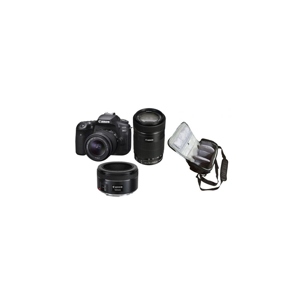 Canon - CANON EOS 90D KIT EF-S 18-55mm F3.5-5.6 IS STM + EF-S 55-250MM F4-5.6 IS STM + EF 50mm F1.8 STM + Camera Bag - Reflex Grand Public