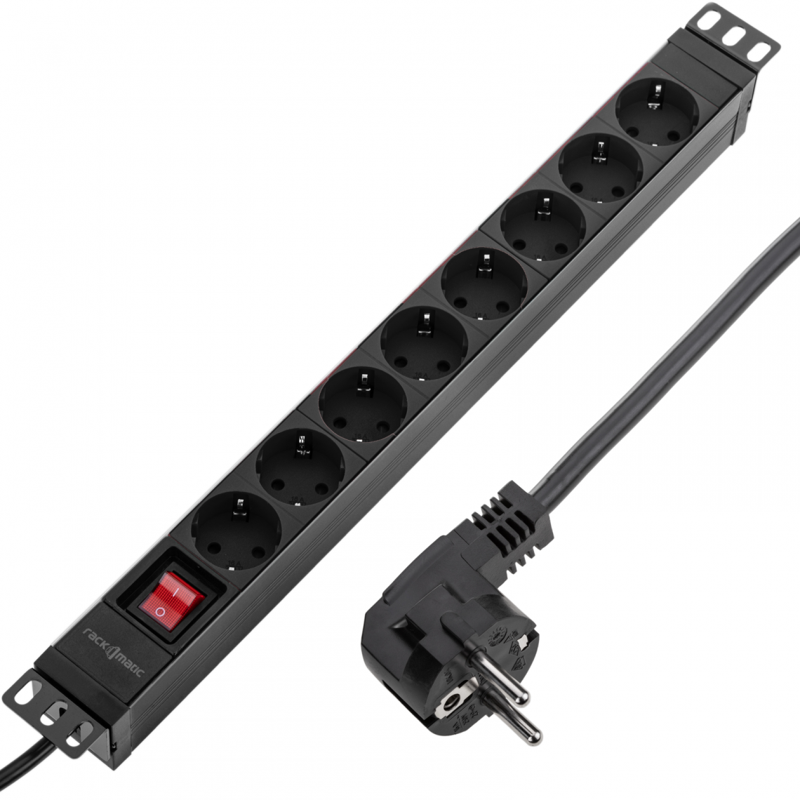 Rackmatic - Barrette d'alimentation en PVC pour armoire rack 19 1U avec 8 prises Schuko noires, interrupteur et boîtier noir - Rack amovible