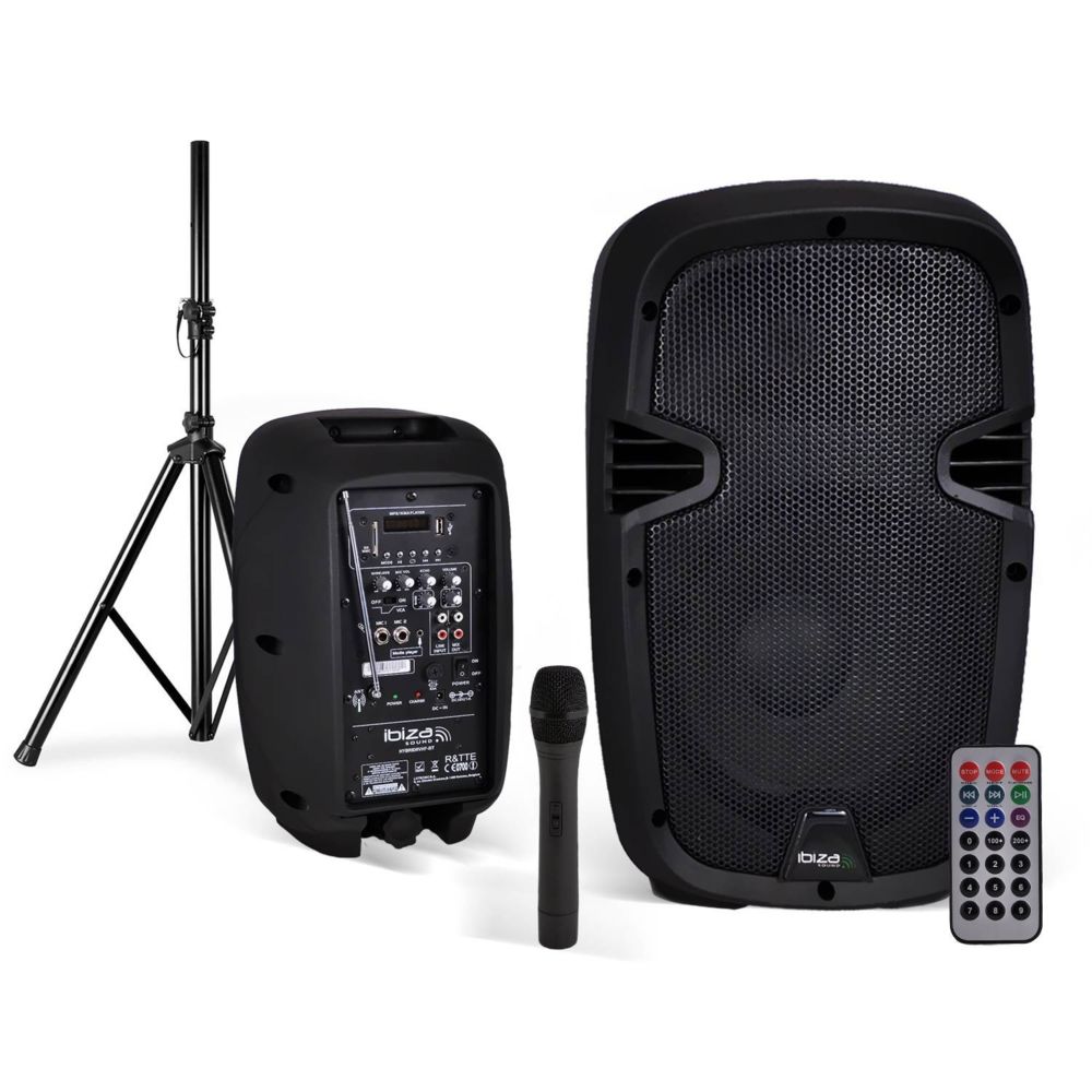 Ibiza Sound - Enceinte mobile amplifiée 8""/20cm 300W USB/SD/BT + Micro VHF + Pied HYBRID8VHF-BT - Retours de scène