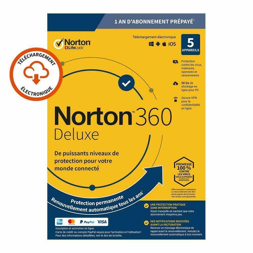Sans Marque - Logiciel Norton 360 Deluxe 2020 ESD 5 appareils - 5app - 1 an - 50gb cloud - Suite de Sécurité