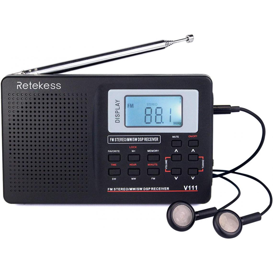 Retekess - radio portable FM AM SW, DSP avec Minuterie Sommeil, Radio à Ondes Courtes avec Heure et Réveil noir - Radio