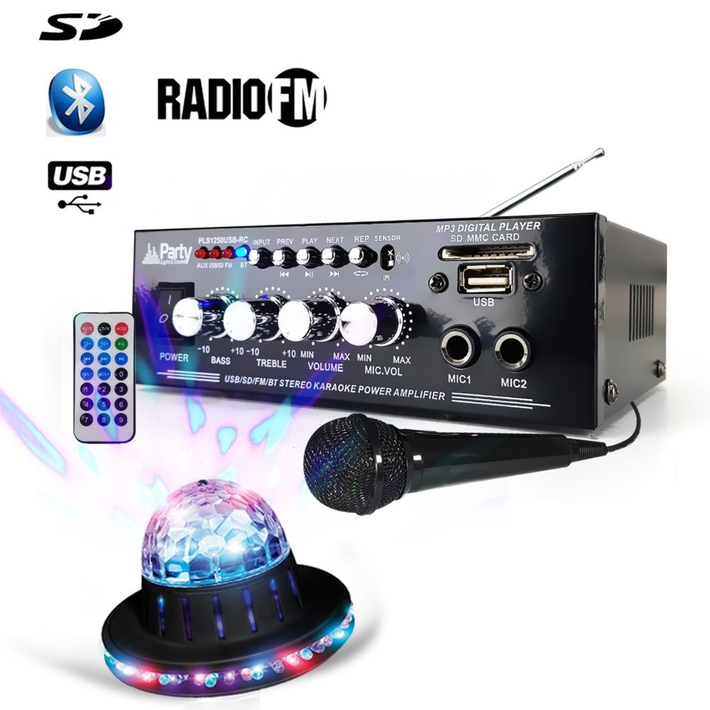 Party Sound - Amplificateur Soirée Karaoke 50W - Stéréo - USB/BLUETOOTH/SD/ RADIO FM + Télécommande + Micro + RounDiams UFO LED - Ampli