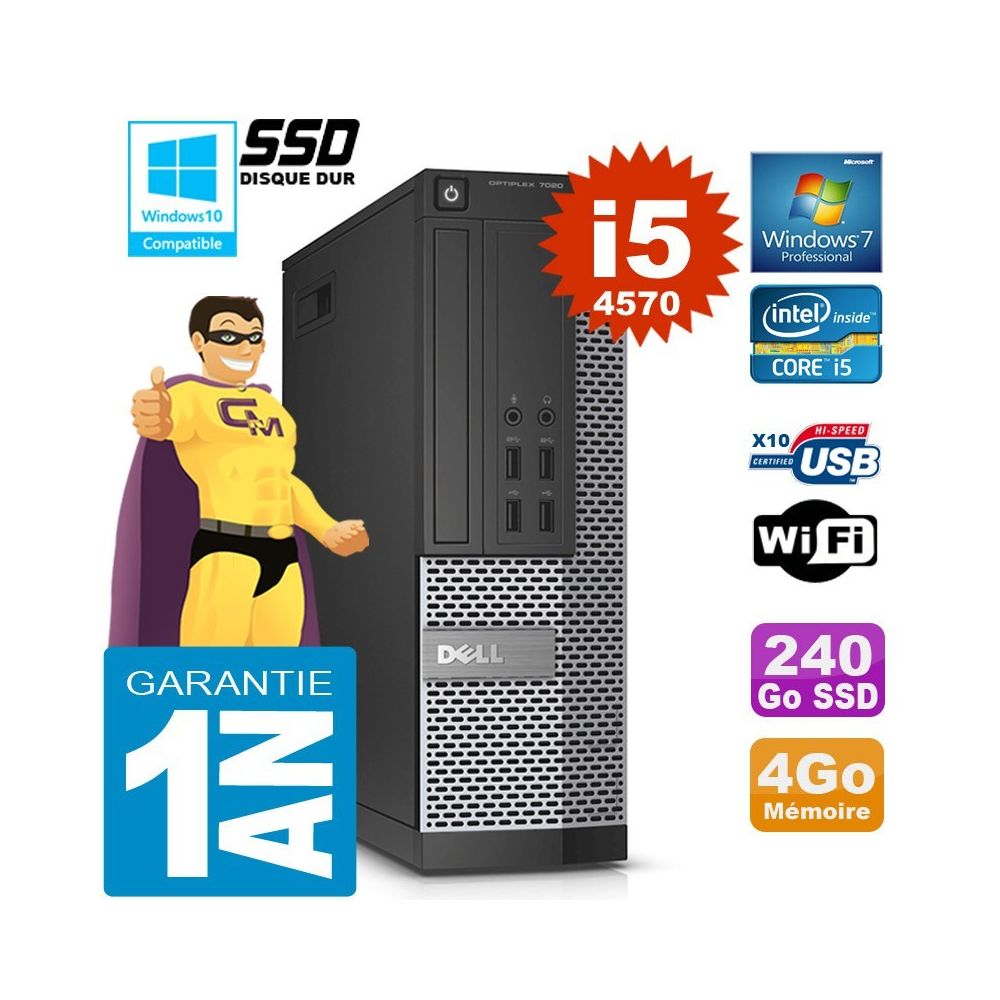 Dell - PC DELL 7020 SFF Core I5-4570 Ram 4Go Disque 240 Go SSD Graveur DVD Wifi W7 - PC Fixe