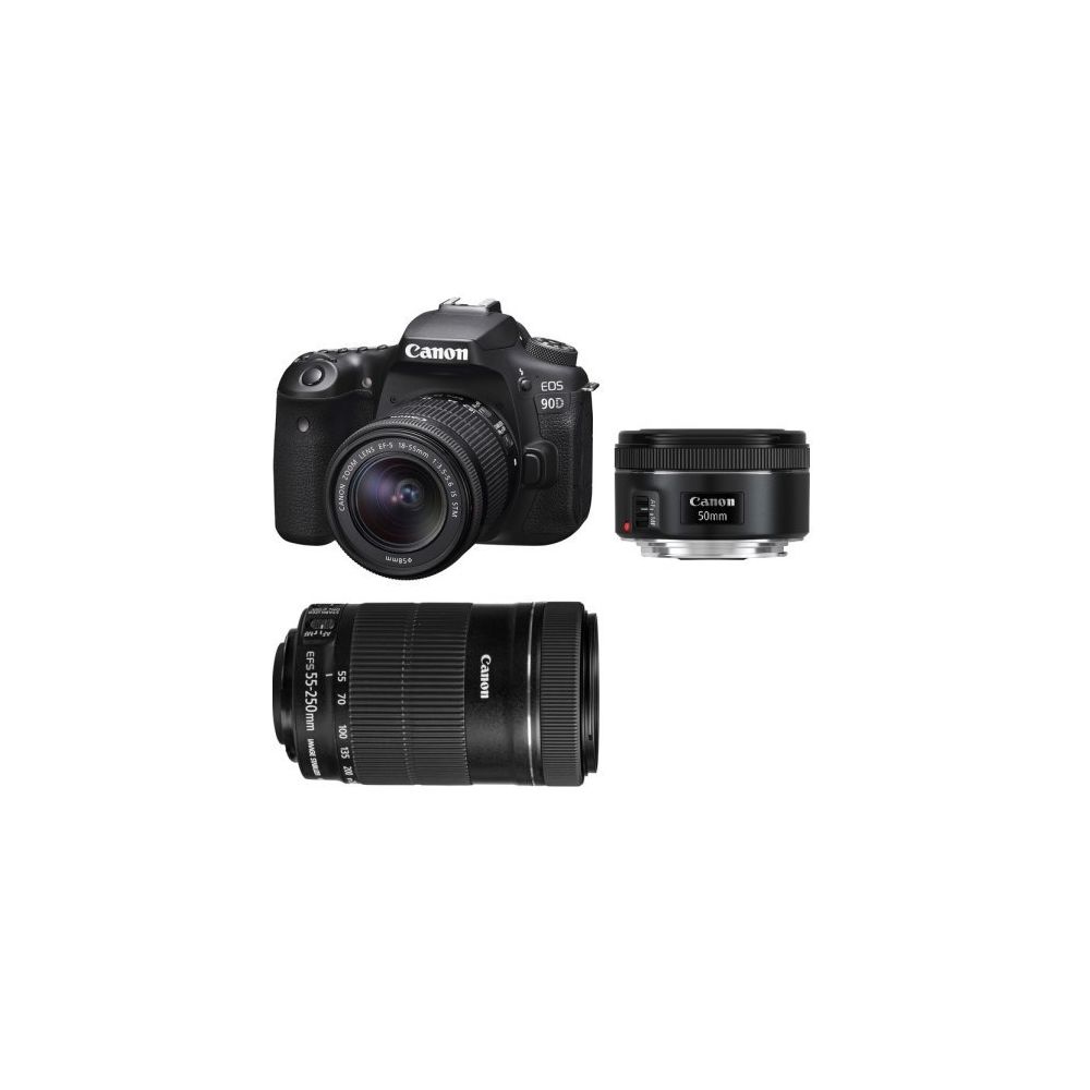 Canon - CANON EOS 90D KIT EF-S 18-55mm F3.5-5.6 IS STM + EF-S 55-250MM F4-5.6 IS STM + EF 50mm F1.8 STM - Reflex Grand Public