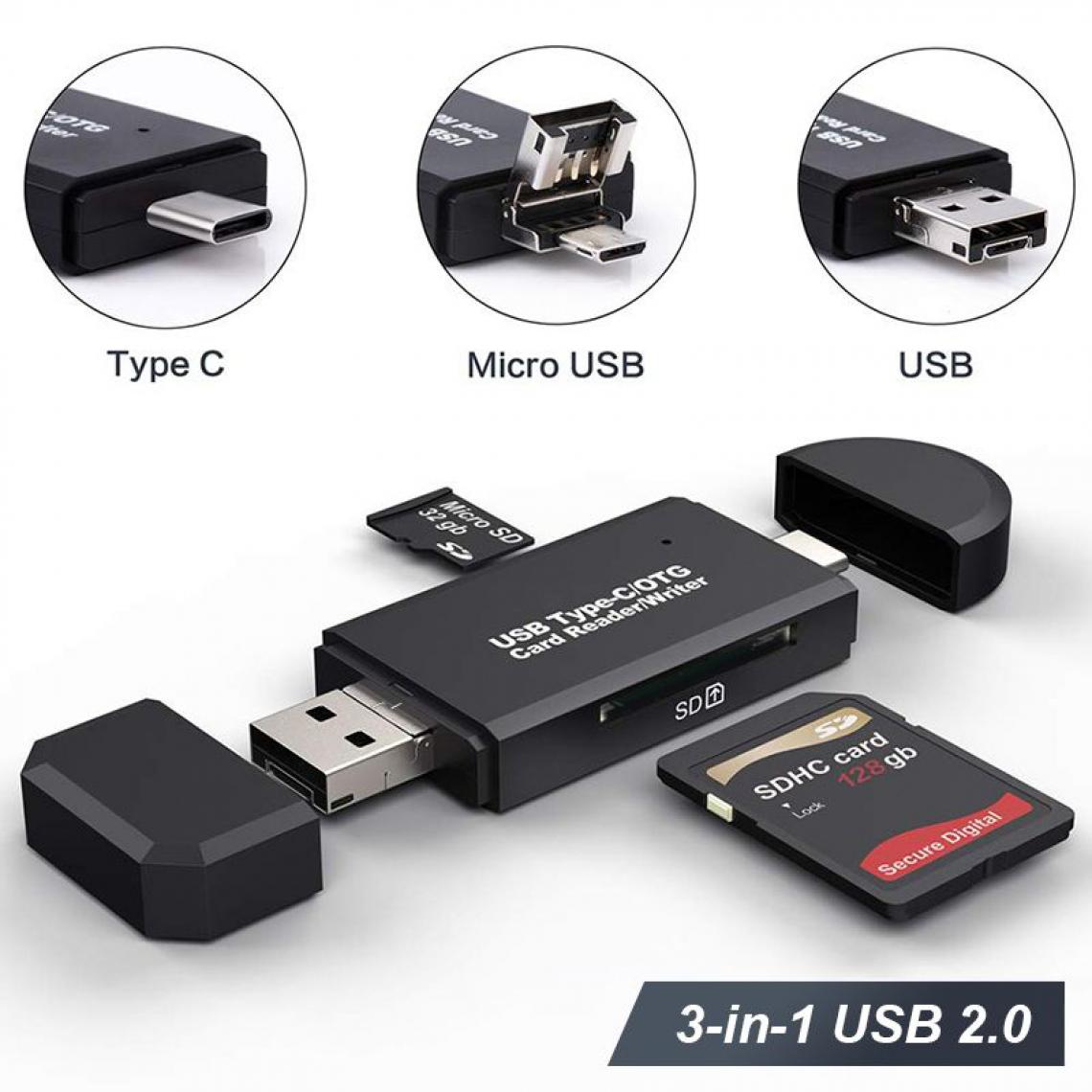 Generic - 3 en 1 Lecteur de Carte Mémoire  USB 2.0  Type-c  pour Micro SD et  TF - Noir  - Lecteur carte mémoire