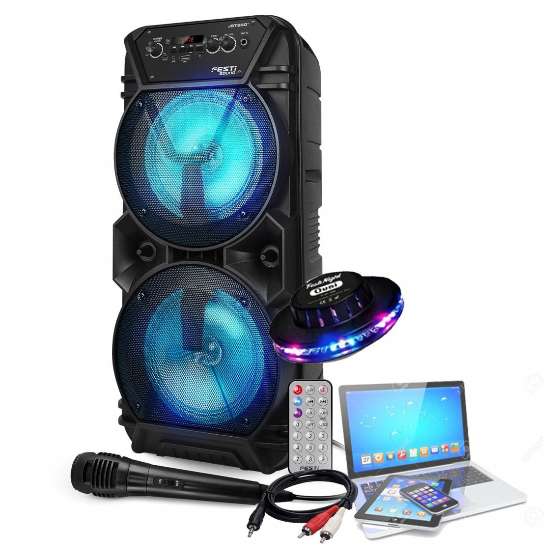 Festinight - Enceinte active Festisound JST260, 300W Karaoké Autonome sur batterie, Bluetooth USB / TWS Radio FM, PC, Micro, Ovni LED - Packs sonorisation