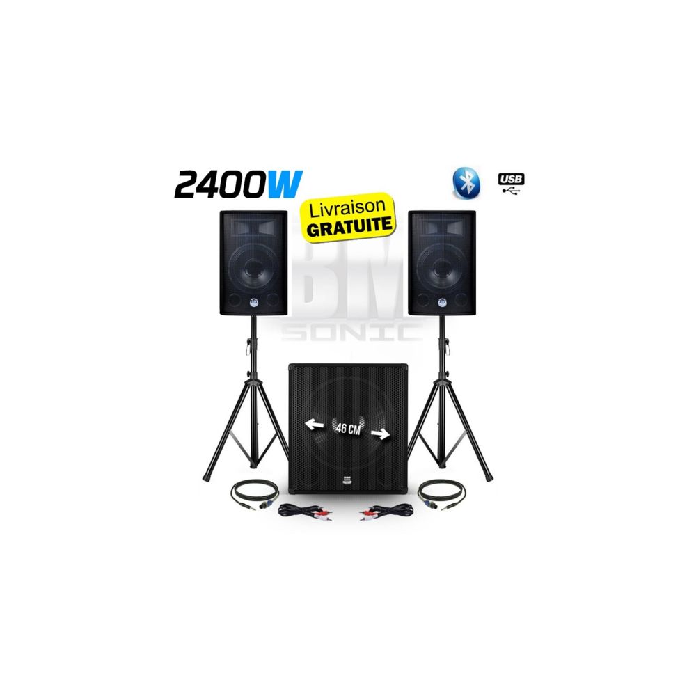 Bm Sonic - Pack sono - BM SONIC - 2400W USB/SD/BT - 2 Enceintes 12"" + Caisson 18"" + Pieds + Mic + Tél - Packs DJ