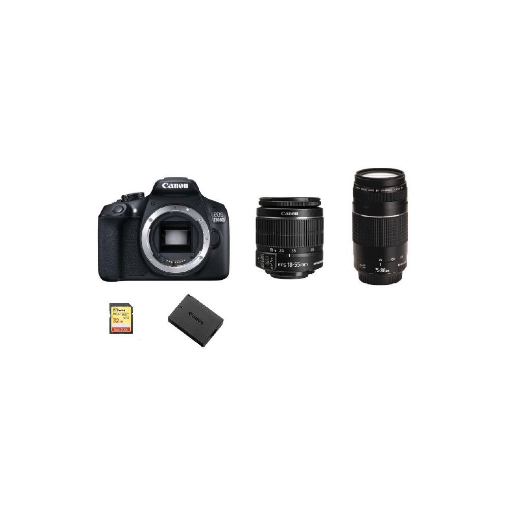Canon - CANON EOS 1300D KIT EF-S 18-55mm F3.5-5.6 IS II + EF 75-300mm F4-5.6 III + 32G SD card + LP-E10 Battery - Reflex Grand Public
