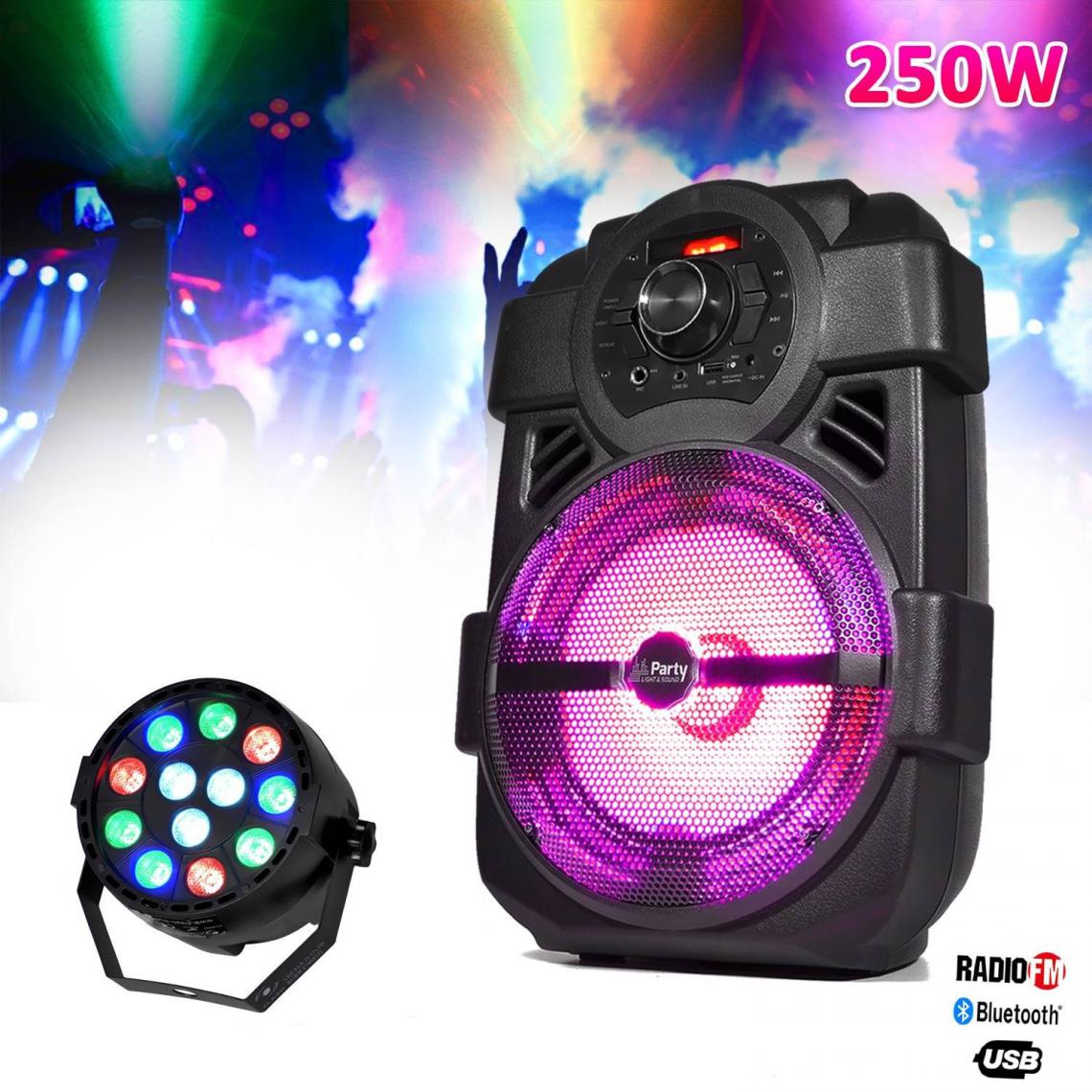 Party Light & Sound - Enceinte karaoke mobile 250W 8" USB/BT/FM + Jeu de lumière PAR mini RGBW - Enceinte nomade