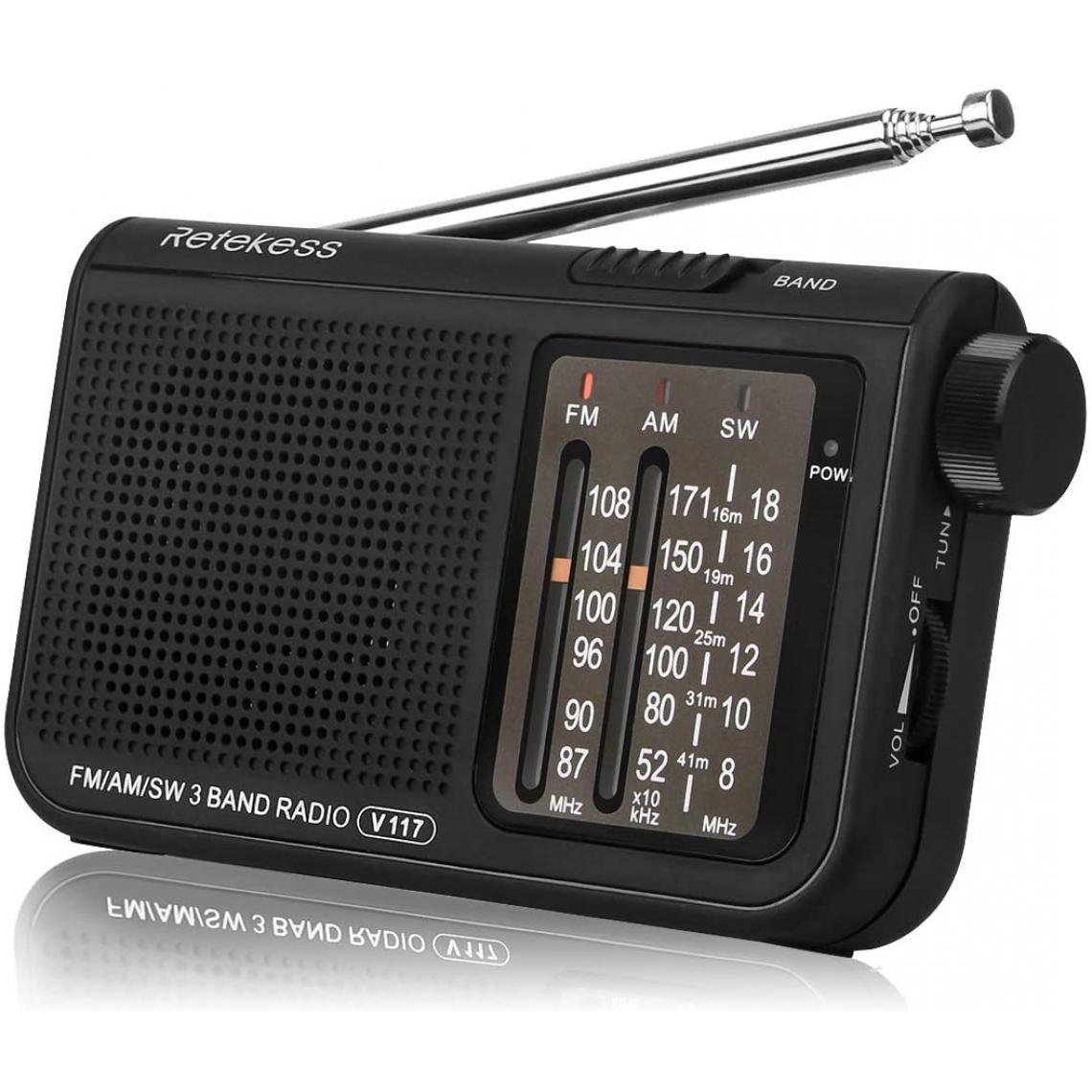Retekess - radio portable FM AM ondes courtes avec bouton de réglage cylindrique noir - Radio