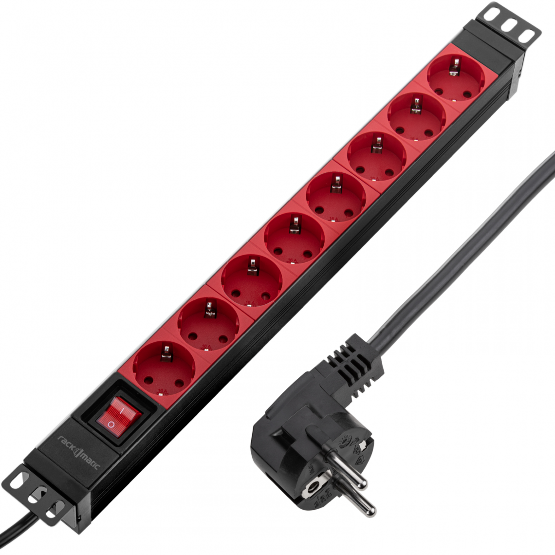 Rackmatic - Barrette d'alimentation en PVC pour armoire rack 19 1U avec 8 prises Schuko rouges, interrupteur et boîtier noir - Rack amovible