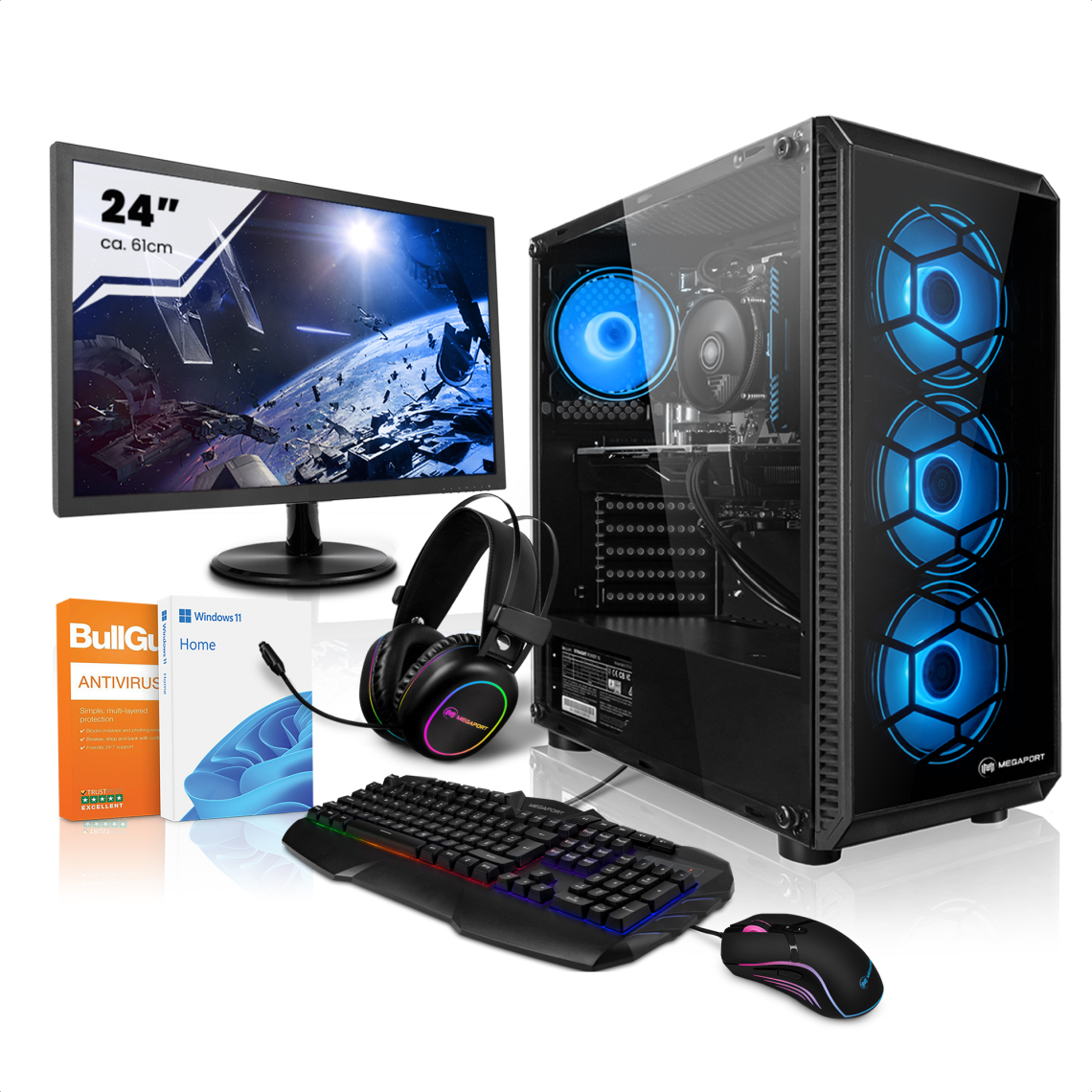Megaport - Gamer Méga Pack PC AMD Ryzen 3 4100 • GeForce GTX1650 • Windows 11 • 8Go 3000MHz • 24" HD LED Set • 250Go M.2 SSD • 1802-FR - PC Fixe Gamer