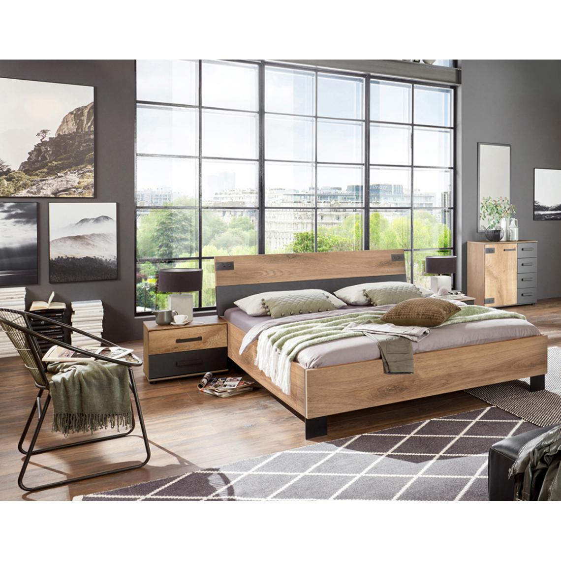 Pegane - Chambre à coucher complète adulte (lit 140x200 cm + 2 chevets + commode) coloris chêne foncé - Chambre complète
