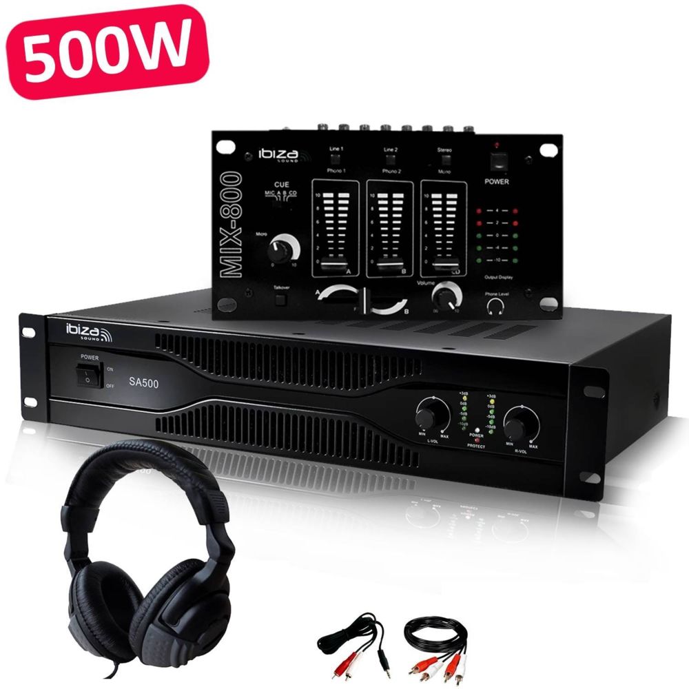 Ibiza Sound - Pack Sono Dj Amplificateur 500W IBIZA SOUND SA500 + Table de mixage MIX800 + CASQUE + Câblages RCA + PC - Ampli