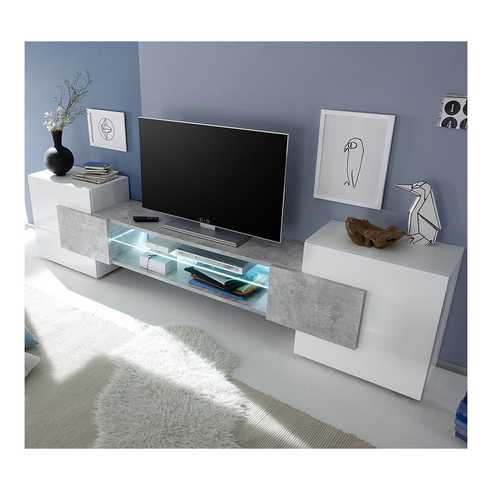 Kasalinea - Meuble TV design blanc laqué brillant et effet béton EROS - Meubles TV, Hi-Fi