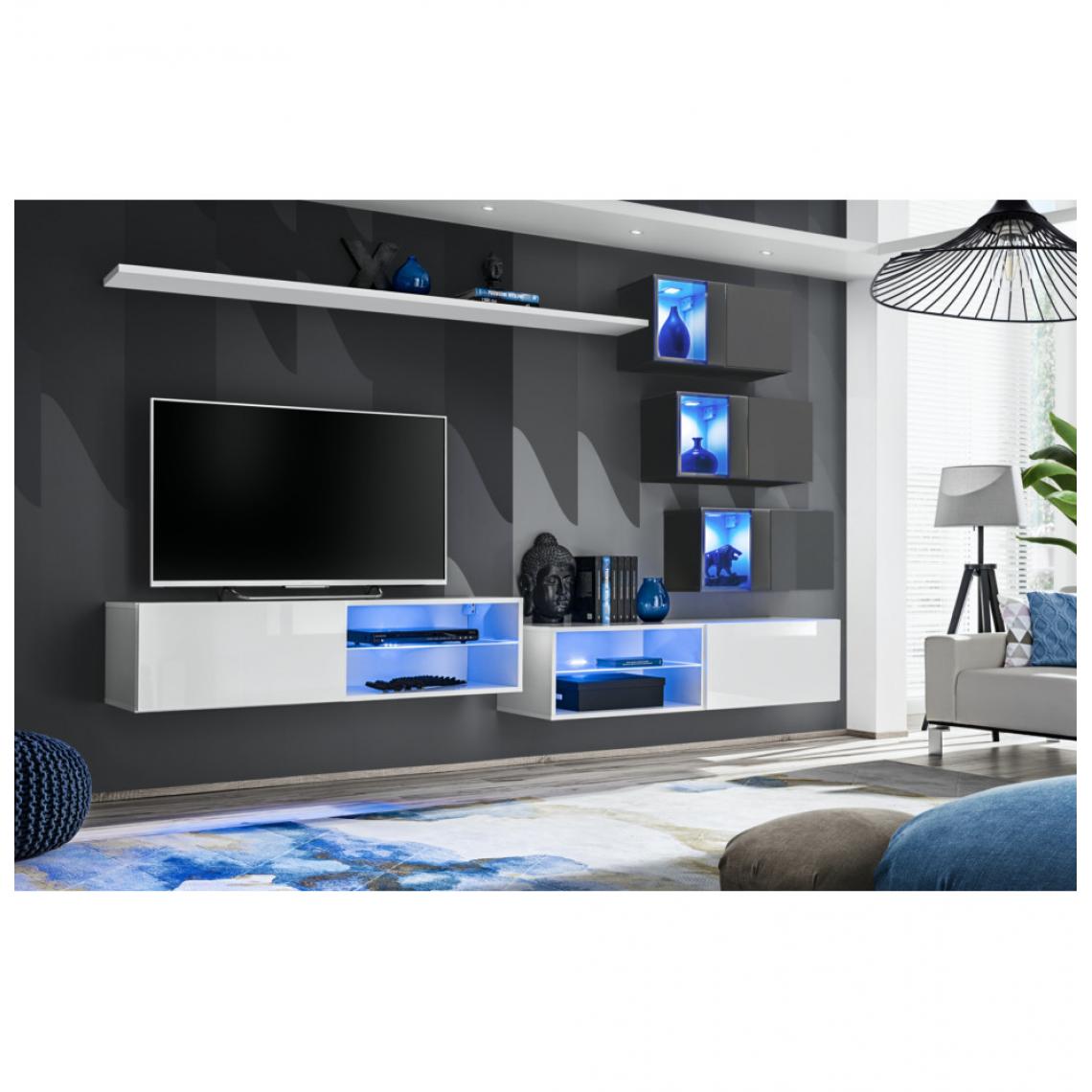 Ac-Deco - Ensemble meuble TV mural Switch XXIV - L 260 x P 40 x H 170 cm - Blanc et gris - Meubles TV, Hi-Fi