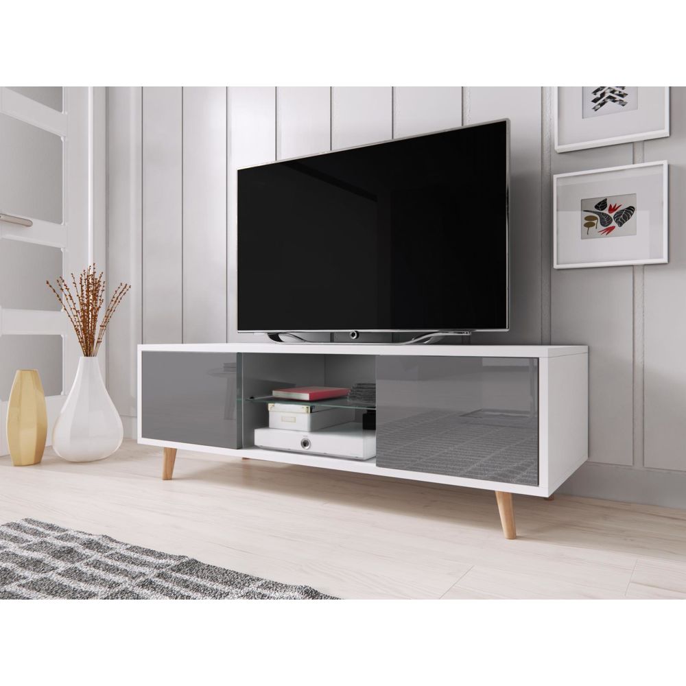 Vivaldi - VIVALDI Meuble TV - SWEDEN - 140 cm - blanc mat / gris brillant - style scandinave - Meubles TV, Hi-Fi