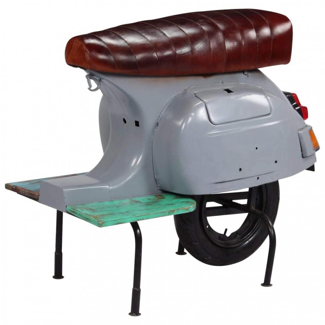 Helloshop26 - Tabouret de bar design chaise siège scooter cuir véritable et bois recyclé gris 1202146 - Tabourets