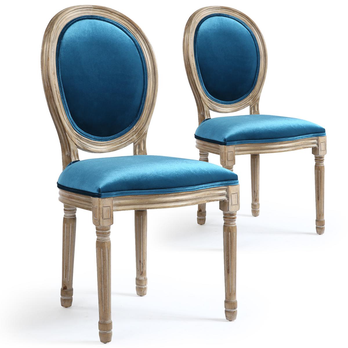 MENZZO - Lot de 2 chaises Louis XVI Velours Bleu - Chaises