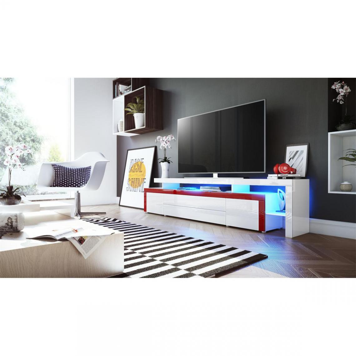 Mpc - Meuble tv blanc brillant et bordure bordeaux + led rgb (LxHxP): 227 x 52 x 35 cm - Meubles TV, Hi-Fi
