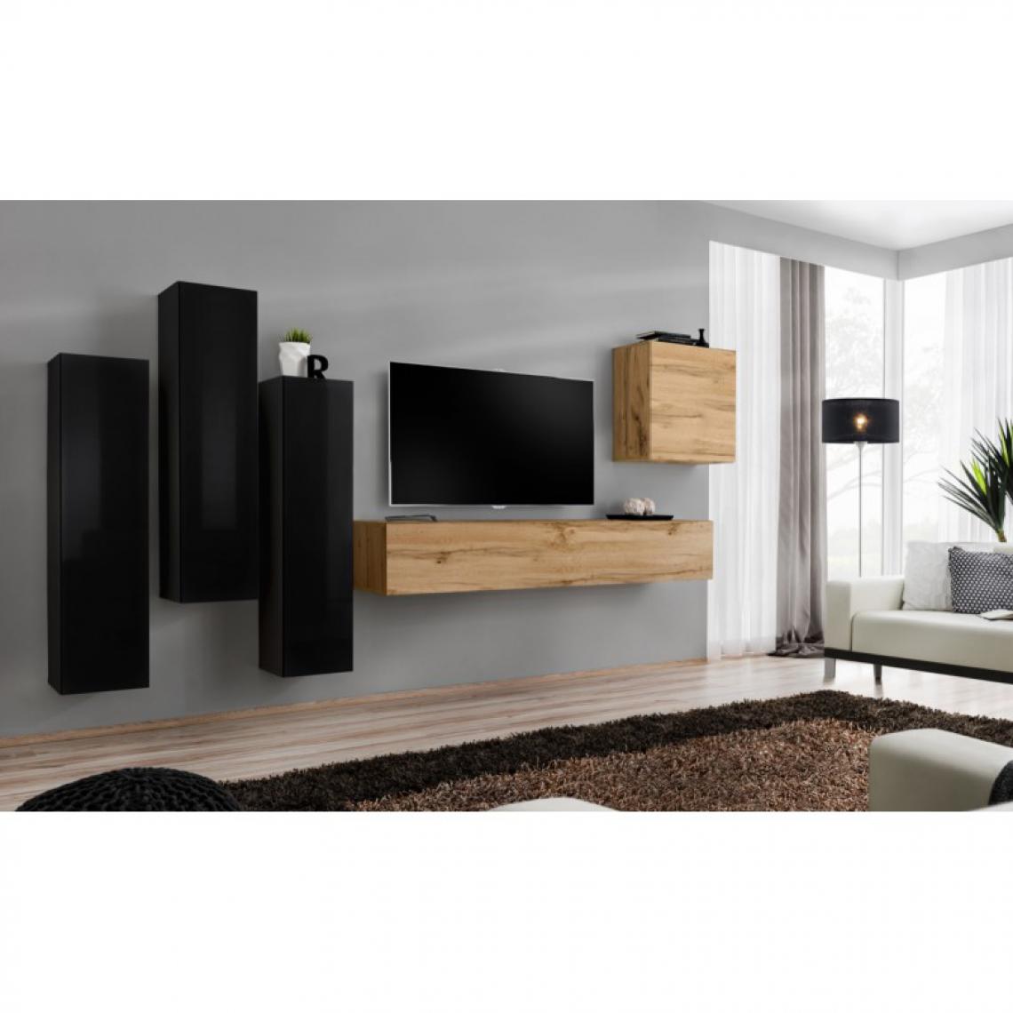 Ac-Deco - Meuble TV Mural Design Switch III 330cm Noir & Naturel - Meubles TV, Hi-Fi