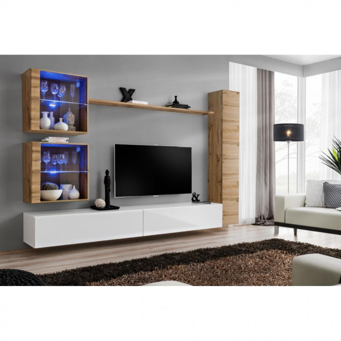 Ac-Deco - Meuble TV Mural Design Switch XVIII 280cm Blanc & Naturel - Meubles TV, Hi-Fi